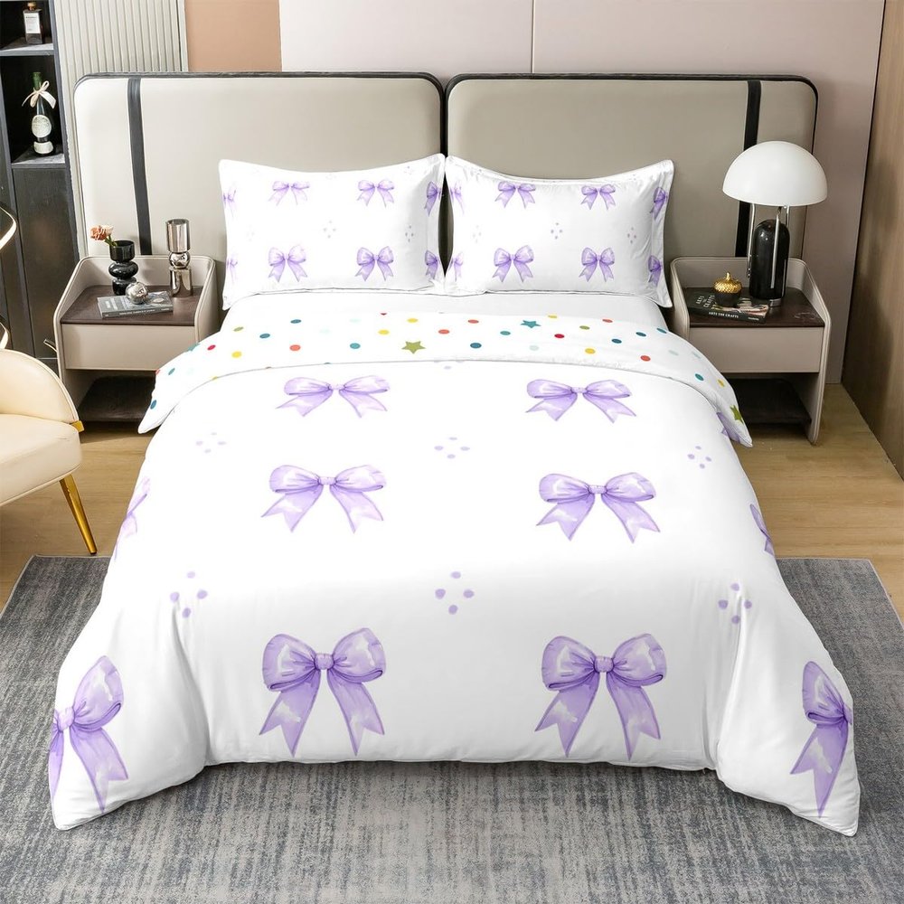 100% Cotton Girly Purple Black Butterfly Knot Duvet Cover Twin Size Cute Aesthetic Bow Knot Comforter Cover For Women Adults Decorative Bedding Set Romantic Modern Geometric Spots Bedclothes