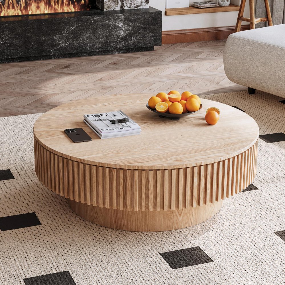 39.37 Inch Round Coffee Table with Storage, Modern Wood Coffee Tables for Living Room, Oak Circle Drum Coffee Table with Sturdy Pedesta,Low Circular Fluted Center Table for Apartment Living Room