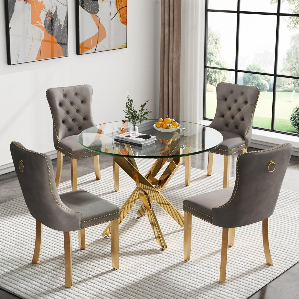 5 Piece Circle Glass Dining Table Set for 4, 35" Round Table and Velvet Chairs Set of 4, Kitchen Dinner Table Set for 4, Round Dining Room Sets for 4 for Breakfast Dinette Small Space, Grey & Gold