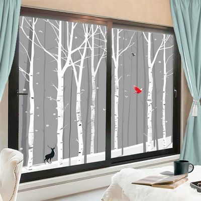 FOCCAFB Vintage Forest Animal Stained Glass Window Film Deer Birch Tree Flying Bird Sticker Frosted Sun Blocking Heat Control Adhesive Window Covering for Room Decor 23.6Wx35.4L-inch x2 Pcs