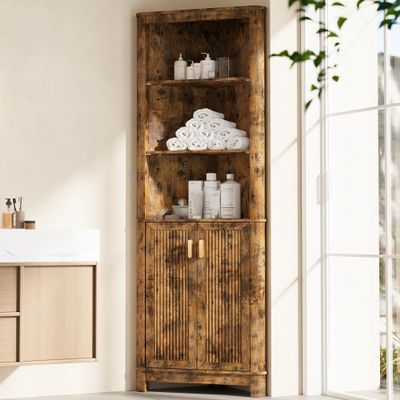 INNOD 69" Tall Corner Shelf with Doors, 6-Tier Corner Storage Cabinet with Doors, Space Saver Shelf for Bathroom, Bathroom Floor Cabinet for Living Room Kitchen, Hallway