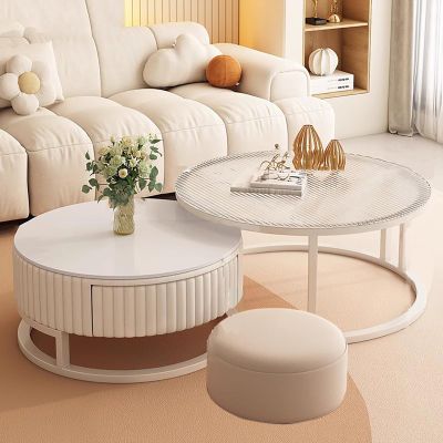Modern Round Nesting Coffee Table,Ivory Wood Circle Embossed Design Center Table with Drawer,Sturdy End Table,Space Saving for Living Room,Bedroom(31.5+23.6, C+Stool)