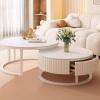 Modern Round Nesting Coffee Table,Ivory Wood Circle Embossed Design Center Table with Drawer,Sturdy End Table,Space Saving for Living Room,Bedroom(31.5+23.6, C+Stool) view 2