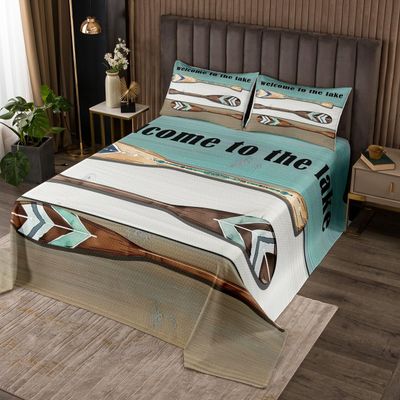 Lake House Bedspread Queen Size, Cabin Paddle Lake Life Theme Coverlet Set 3pcs, Rustic Farmhouse Wooden Plank Quilted Coverlet with 2 Pillowcases, Kids Boys Girls Room Decor, Soft Bedding Quilt