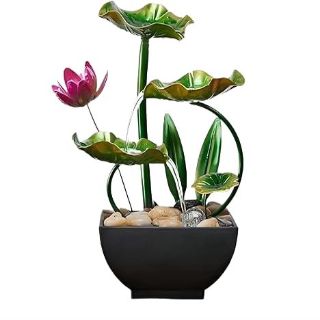 10.23 Inch-Tabletop Indoor Water Fountain & 3 Tiers of Flowing Water + Free 5 Crystals for Meditation & Landscape & Good Luck-Lighting Circle(Safflower(Excl. 5 Stone))