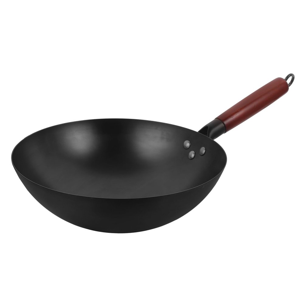 FIXOSHEE Non-stick Chinese Wok Iron Wok Wooden Handle Round Bottom Cooking Pan Easy to Clean Gas Stove Safe