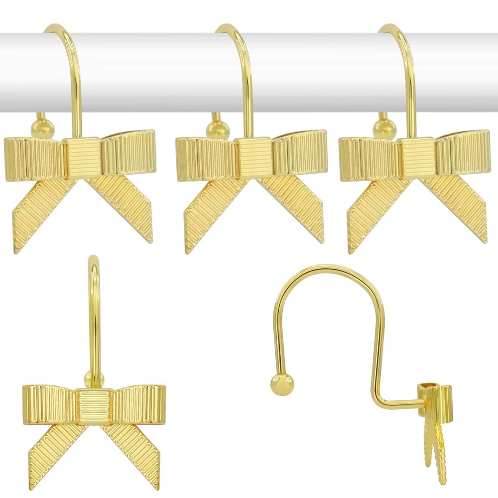 Decorative Shower Curtain Hooks, Luxury Bowknot Shower Curtain Rings, Modern Bow Shower Curtain Hangers, 12PCS Shower Hooks for Home Decor, Bathroom, Bedroom, Living Room (Gold)