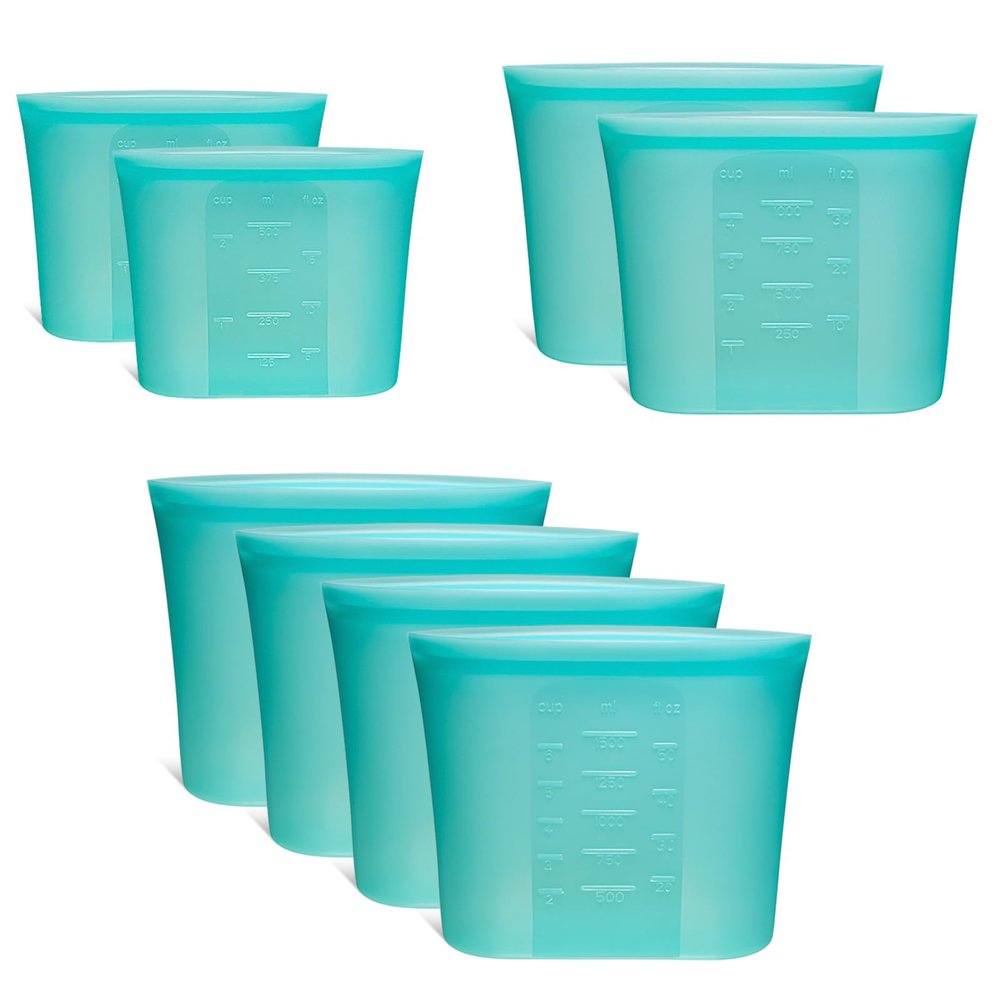 8-Pack Reusable Silicone Food Storage Bags, 100% Silicone Stand-Up Wide-Open Zip-Lock Reusable Storage Bags for Food, Freezer Microwave Oven Dishwasher Safe, Aqua, 4M 2S 2XS