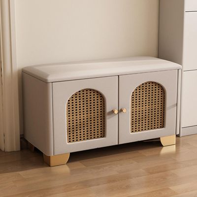 DEJIKOKU Wooden Rattan Shoe Storage Bench Organizer with Cushioned, Adjustable Shelves, Shoe Cabinet for Entryway Hallway(Khaki,60x35x43cm)