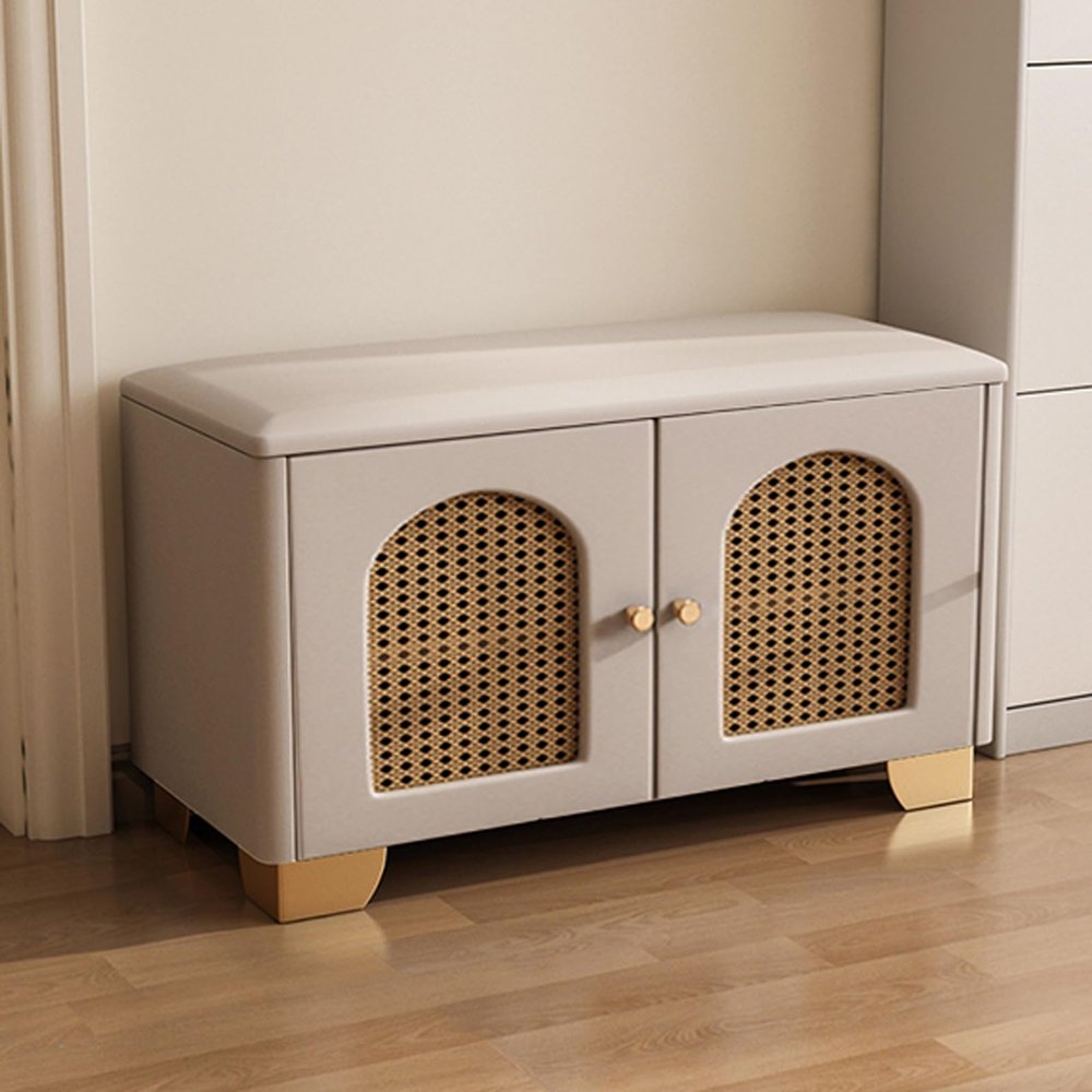 DEJIKOKU Wooden Rattan Shoe Storage Bench Organizer with Cushioned, Adjustable Shelves, Shoe Cabinet for Entryway Hallway(Khaki,60x35x43cm)