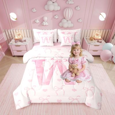 Erosebridal 7 Piece Pink Knot Sheet Set Bed in A Bag Queen Size for Girls Watercolor Alphabet W Bed Set Cute Love Hearts Comforter Gifts Fairy Cartoon Bowknot