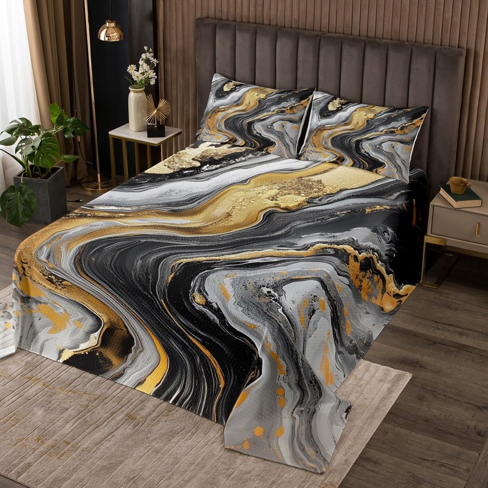 3 Piece Gray Marble Quilt Bedding Sets Women Aldult Lightweight Bedding Watercolor Marble Bedspread Abstract Art Coverlet Soft Microfiber Home Quilt Set for King Bed All Season