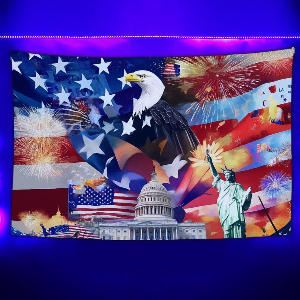 100% BLUE COLLAR Tapestry Wall Art Bedroom Living Room UV Tapestry, Statue of Liberty Bald Eagle USA Patriotic American Flag Stars Stripes Wall Hanging Balcony Decor, 60"x80"