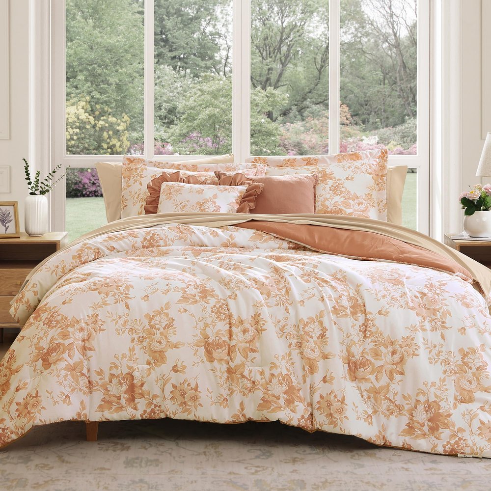 BLOOMHAVEN King Comforter Set -7 Pieces Autumn Leaf Floral Comforter Set for All Seasons, Bed in a Bag King with Botanical Flowers Comforter, Sheets, Pillowcases & Shams