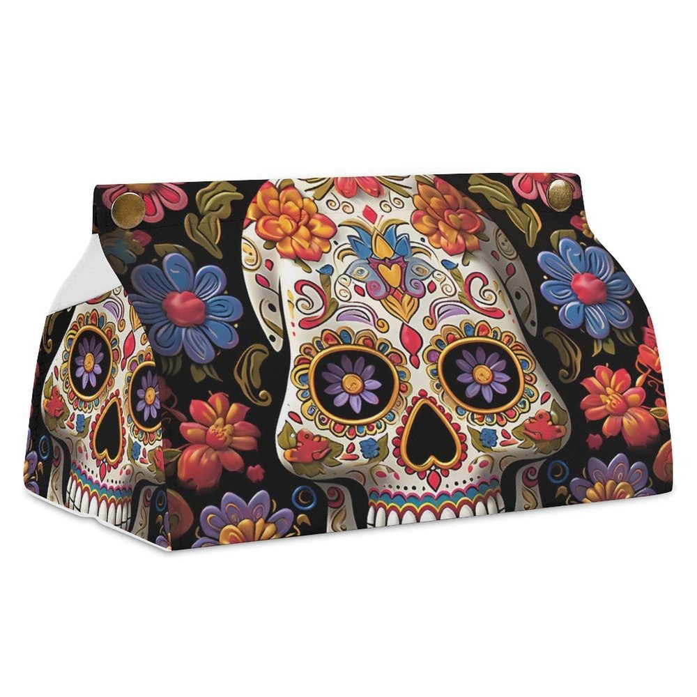 Tissue Box Cover PU Leather Tissue Case Sugar Skulls Square Tissue Box Holder for Bathroom, Vanity Countertop, Tabletop, Car