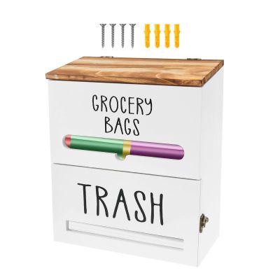 2 in 1 Trash Bag Dispenser and Grocery Bag Holder, Solid Wooden Trash Bag Holder, Kitchen Cabinet Under Sink Organizers and Storage for Grocery Bags and Plastic Bags (Black)