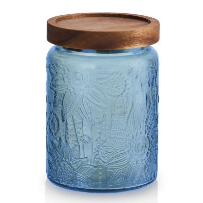 TkoYuHm Glass Mason Jars with Airtight lids Decorative Vintage Food Storage Container with Embossed Crabapple Blossom Clear Green Kitchen Canister for Coffee Tea Cookie (Blue Floral, Small)