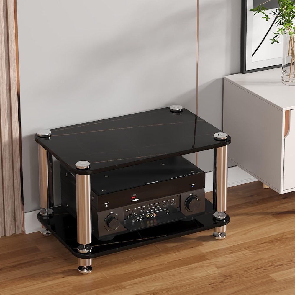 Corner Wall Shelves Tempered Glass Shelves Each Tier Has Shock-Absorbing Feet Stereo CabinetIdeal for Home Office Recording Studio(Black,60 * 40 * 38cm)