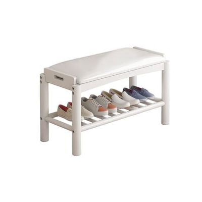 HQYYIKYU Simple Modern Storage Shoe Bench, Solid Wood Household Shoe Cabinet Stool Multifunctional Storage Shoe Changing Stool for Entryway, Bedroom, Living Room, 80cm, White