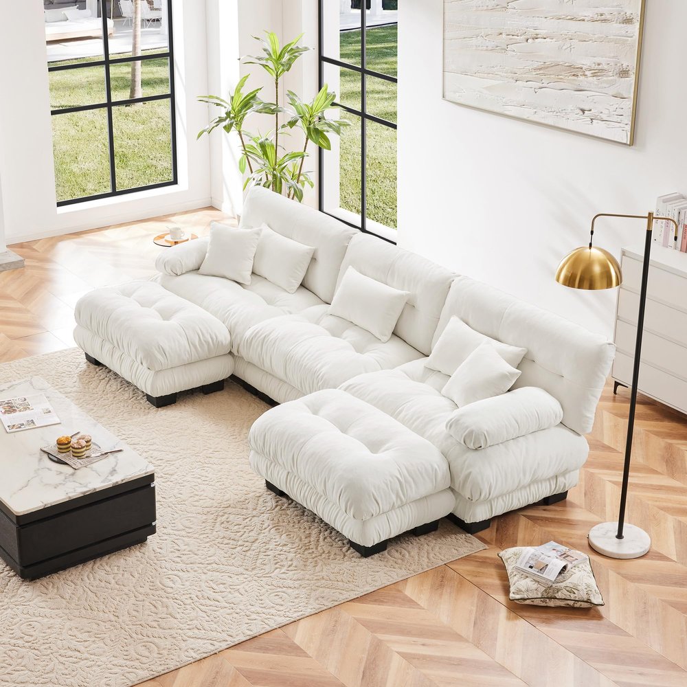 133.8 U-Shaped Modern Sofa Modular Sectional Cloud Couch with 2 Ottoman, Deep Seat Comfy Chenille Cloud Couch for Living Room (White, 3 Seat-U)