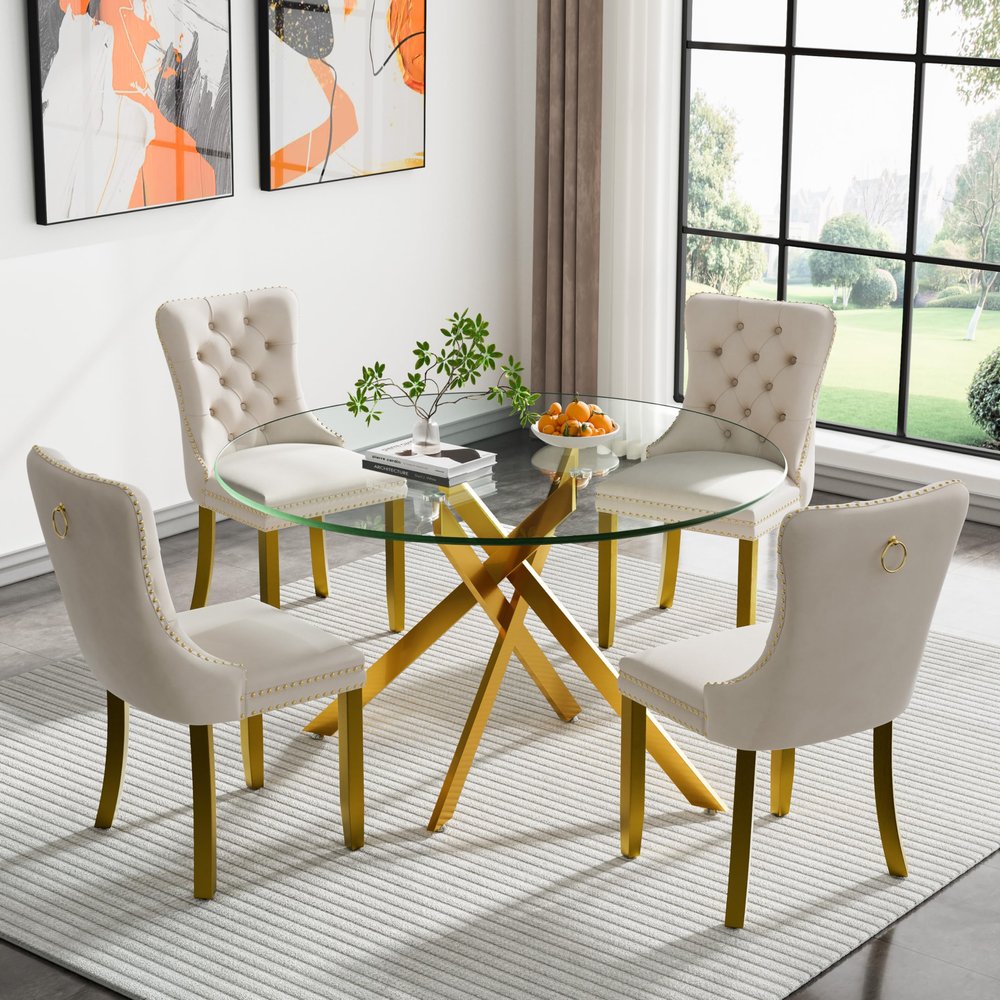 47" Gold Glass Dining Room Table Set for 4, 5-Piece Modern Round Kitchen Dining Table Set with Cross Chrome Metal Legs & 4 White Velvet Upholstered Chairs, Circle Kitchen Table and Chairs Set