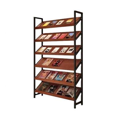 LICONG-2019 Floor Newspaper Rack Modern Design Magazine Rack Wooden Storage Rack Slant Display Bookshelves Floor-to-Ceiling Advertising Floor-Standing Magazine Rack(Black+Teak)