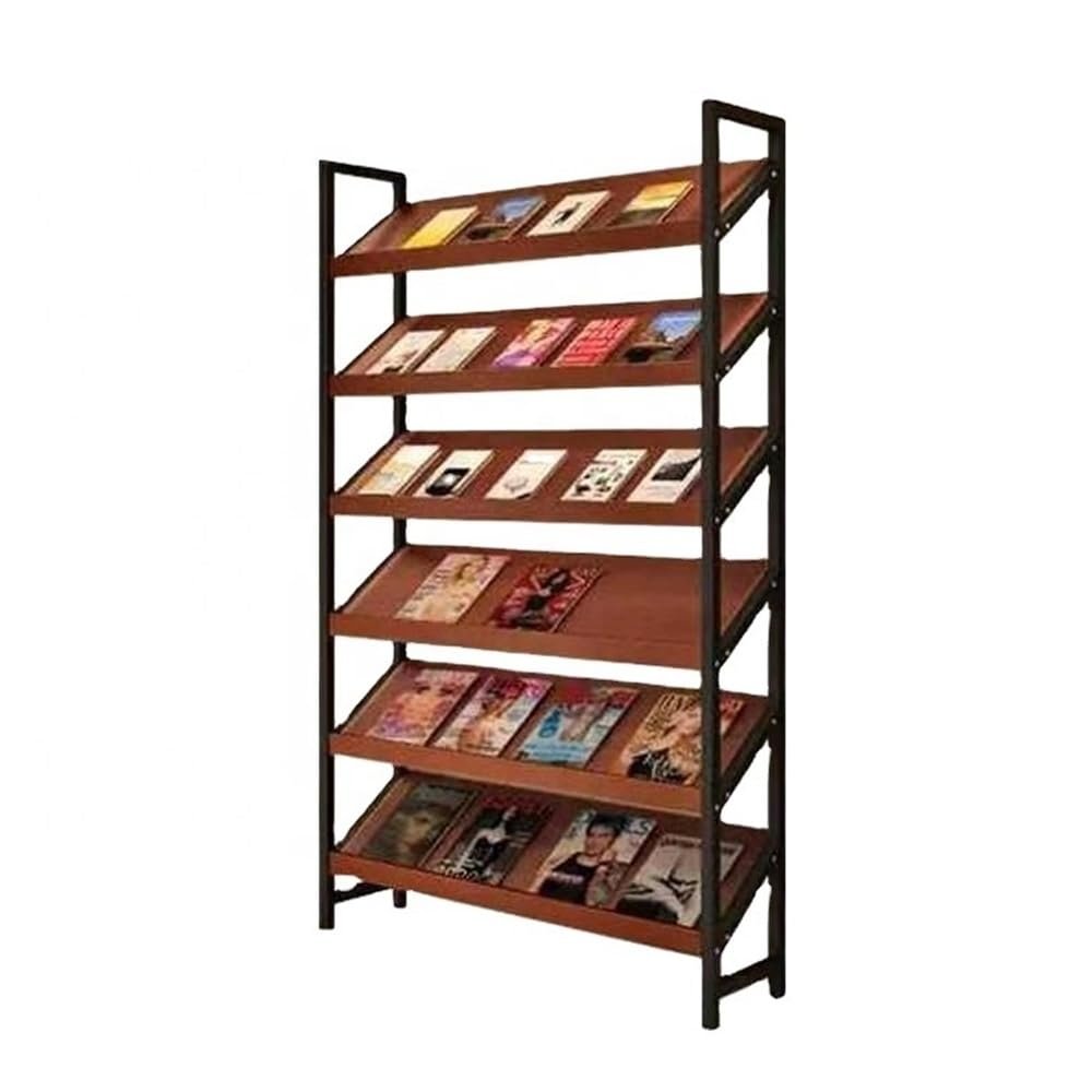 LICONG-2019 Floor Newspaper Rack Modern Design Magazine Rack Wooden Storage Rack Slant Display Bookshelves Floor-to-Ceiling Advertising Floor-Standing Magazine Rack(Black+Teak)