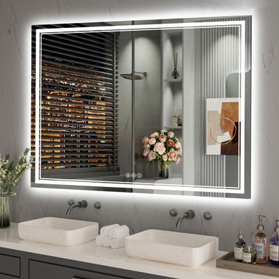 48''x36'' Lighted Mirrors for Bathroom Wall Backlit + Front Lit, Rectangular LED Bathroom Mirror Frameless with Lights Anti Fog, Dimmable, 3 Colors,Tempered Glass, Shatter-Proof (Color 1