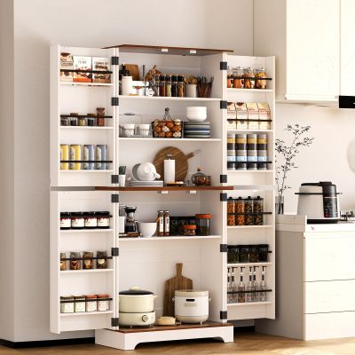 CypherX 75" Tall Farmhouse Kitchen Pantry Cabinet, Rustic Wood Cupboard with Adjustable Shelves & Barn Style Door Shelves, Versatile Storage Cabinet for Kitchen, Living Room, Dining Room (White)