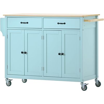 aphrophina Kitchen Island Cart with Ample Storage, Solid Wood Top, and Locking Wheels in Mint Green