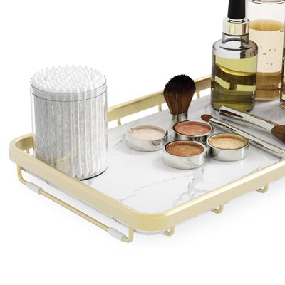 AquaChase Counter Organizer for Bathroom, Kitchen or Coffee Bar, Metal Shelf with Faux Marble, Vanity Countertop Makeup Storage, Dresser Perfume Display Rack, Toilet Tank Tray (Matte Gold, 1-tier)