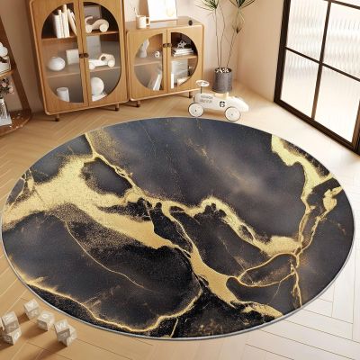 Round Rug Black 4ft Marble Liquid Gold Area Indoor Circle Rug Round Washable Rug, Floor Mat Print Non Slip Carpet Kitchen Living Room Dining Room Playroom Decor