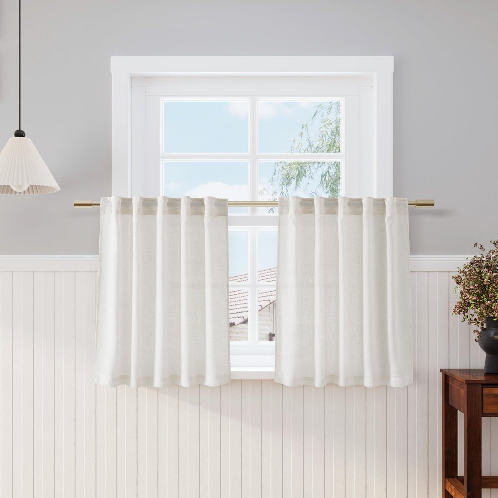 Cream Linen Kitchen Curtains 30 Inches Long 2 Panels Back Tab Rod Pocket Farmhouse Light Filtering Semi Sheer Short Curtains Solid Privacy Cafe Tier Curtain for Bathroom Basement Camper 30x30