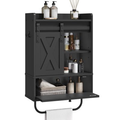 MAHANCRIS Bathroom Wall Cabinet, Farmhouse Medicine Cabinets with Sliding Door, Wall Mounted Storage Cabinet with Adjustable Shelf and Towel Bar, for Bathroom, Living Room, Kitchen, Black