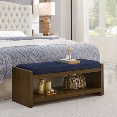 Lighluxstly Accent Bench with Lower Shelf Shoe Rack, Padded Seating Bench for Living Room, Modern Compact Bed End Bench with Storage for Bedroom Seating, Removable Cushion (Navy Blue, 47" L)