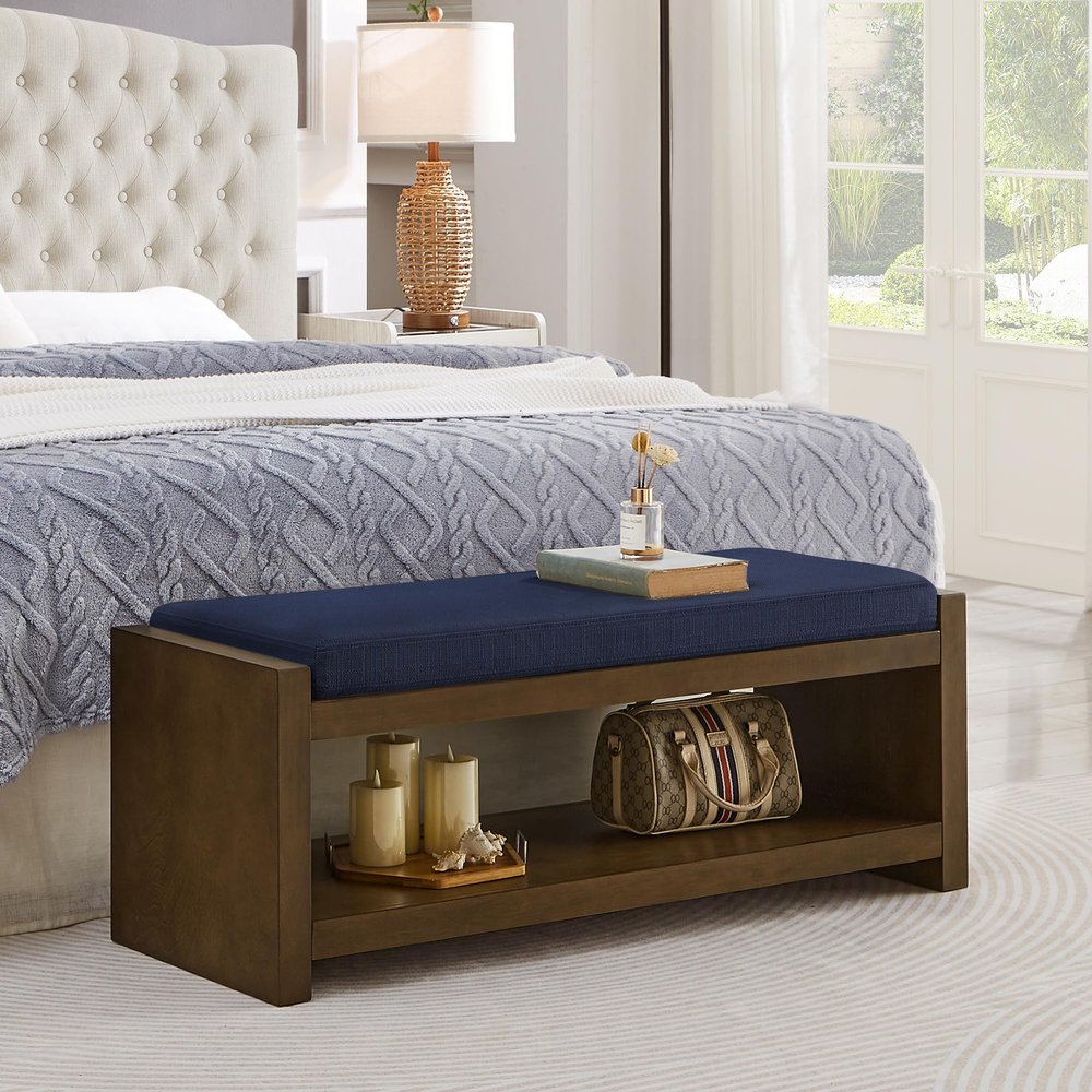 Lighluxstly Accent Bench with Lower Shelf Shoe Rack, Padded Seating Bench for Living Room, Modern Compact Bed End Bench with Storage for Bedroom Seating, Removable Cushion (Navy Blue, 47" L)