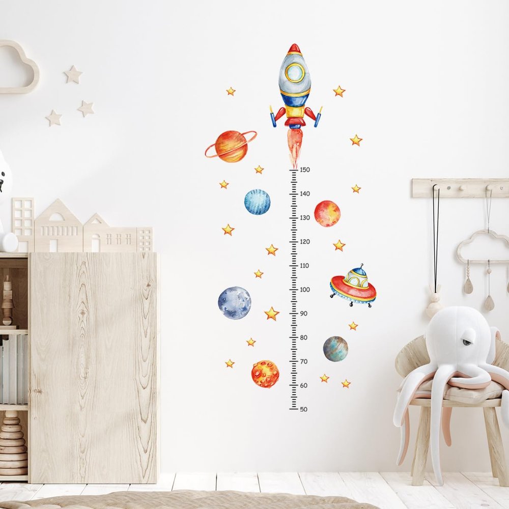 Fufuquare Cartoon Rocket Planet Growth Chart Wall Stickers Height Measurement Vinyl Wall Decals for Kids' Rooms Nursery Classroom