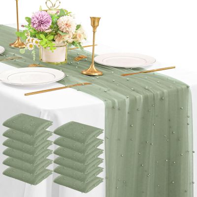 12 Pack 10FT Pearl Table Runner 30x120 Inch Sage Green Tulle Fabric Boho Rustic Sheer Table Runners Lace Table Cloth for Wedding Bridal Shower Birthday Party Arch Veil Dessert Table Decor (Sage Green)