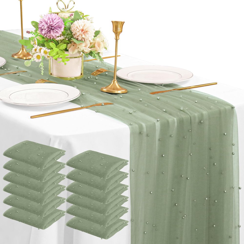 12 Pack 10FT Pearl Table Runner 30x120 Inch Sage Green Tulle Fabric Boho Rustic Sheer Table Runners Lace Table Cloth for Wedding Bridal Shower Birthday Party Arch Veil Dessert Table Decor (Sage Green)