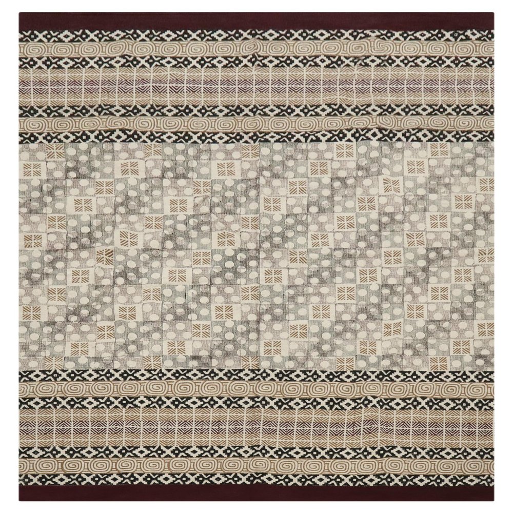 Kilim Area Rug 9' Square Hand Block Printed Cotton Dhurrie Maroon Black Geometric Design Hand Surface Wash 0.19" Thick Handmade Boho Indoor Outdoor Use Flatweave Rugs for Hall Room,Dining Room,Patio