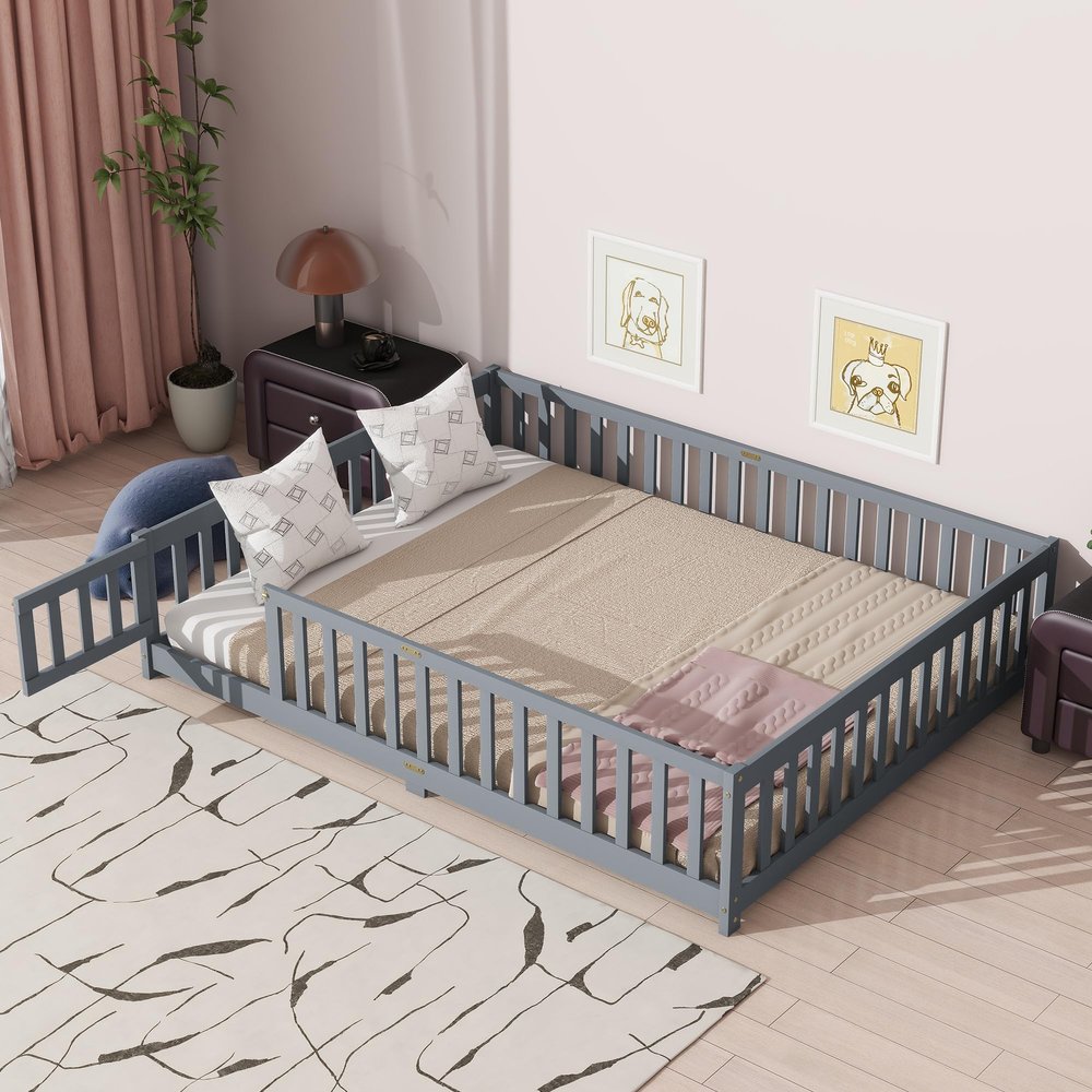 Ball & Cast Queen Size Montessori Toddler Floor Bed with Wood Slats for Girls and Boys, Wood Montessori Bed Frame with Door and Safety Guardrails for Kids,No Box Spring Needed,Grey