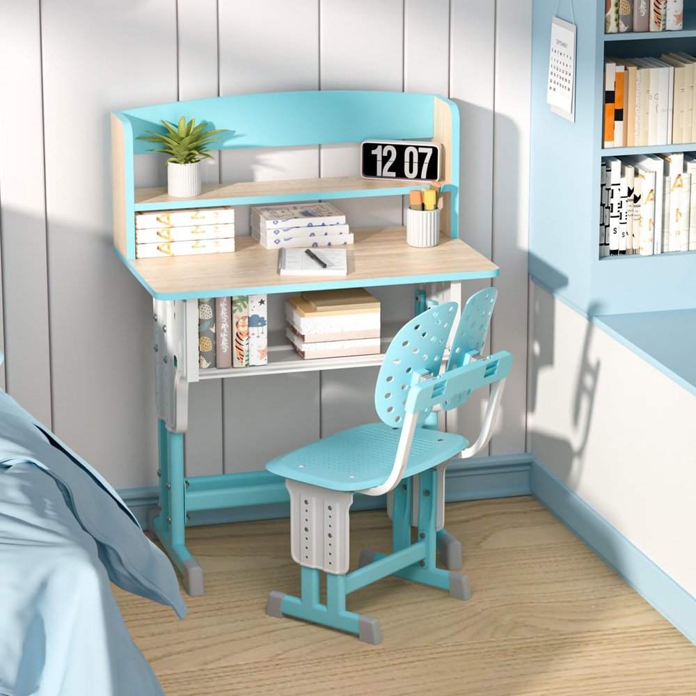 BESUFY Kids Desk and Chair Set, Liftable Kids Study Desk with Drawer Design, Children Desk Chair Set with Dual Partition Book Stand, Backpack Hook, Cup Holder, Study Table for Kids 6-12 Blue