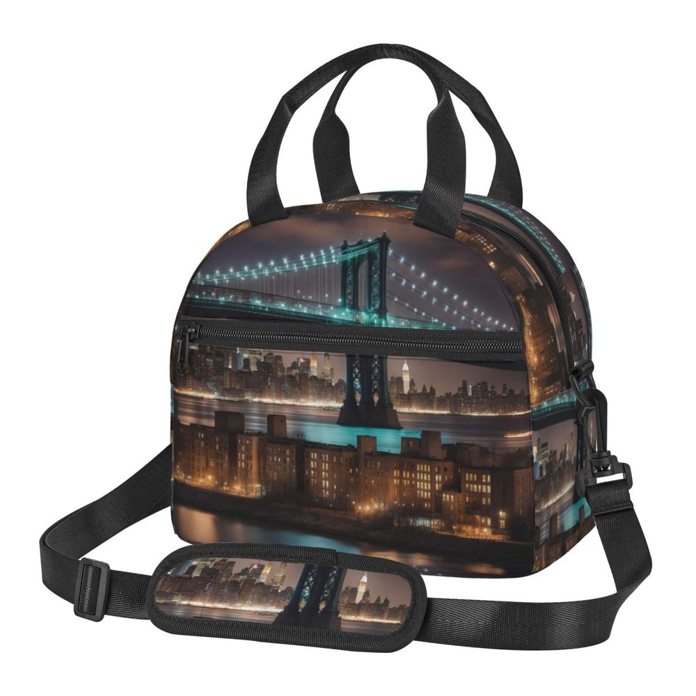JIPOFD New York Manhattan Bridge Night Insulated Lunch Box Lunch Bag For Women Men Adult Size Reusable For Work Travel Outings