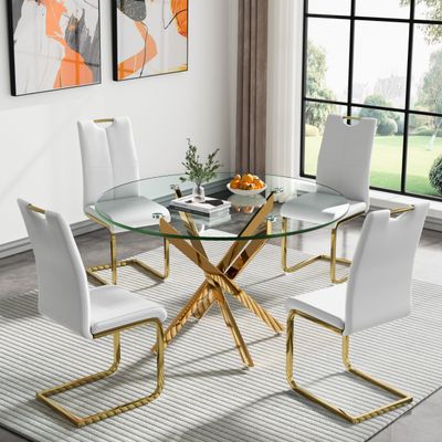 47.2" Round Dining Room Table Set for 4, 5-Piece Glass Kitchen Dining Table Set with Gold Metal Legs & 4 White PU Leather Dining Chairs, Circle Glass Kitchen Table and Chairs Set for Small Place