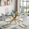 47.2" Round Dining Room Table Set for 4, 5-Piece Glass Kitchen Dining Table Set with Gold Metal Legs & 4 White PU Leather Dining Chairs, Circle Glass Kitchen Table and Chairs Set for Small Place view 1