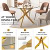 47.2" Round Dining Room Table Set for 4, 5-Piece Glass Kitchen Dining Table Set with Gold Metal Legs & 4 White PU Leather Dining Chairs, Circle Glass Kitchen Table and Chairs Set for Small Place view 2