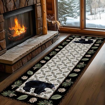 SCUAOMX Rustic Bear Runner Rug, 2.6x7ft, Vintage Black Bears Pine Leaf Pinecone Plaid Brown Border Hallway Rug, Premium Cozy Cabin Decor Retro Aisle Runner Rugs for Living Room Kitchen