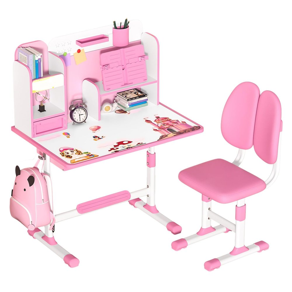 cdar 2Pcs/Set Kids Study Desk Chair Set, Height Adjustable Children School Study Table Chair Set with Sitting Corrector, Ergonomic Desk Chair with Book Stand, Foot Pedal Pink