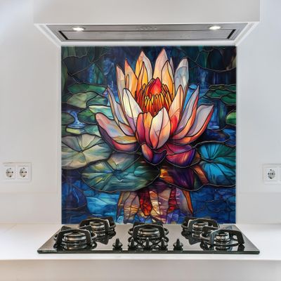 Myphotostation 36Wx36H'' Radiant Lotus Water Lily Backsplash Tempered Glass Backsplash, Glass Splashback For Stove Wall Protector, Cutting Board, Cooker Wall Panel, Stove Back Cover