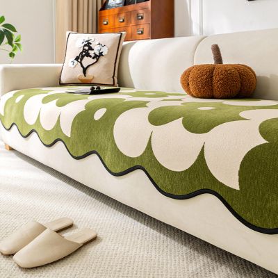 Bohemian Chenille Sofa Cover Cotton Floral Couch Cover Floor Mat Floral Print Sectional Couch Cover Non-Slip Soft Sofa Slipcover Furniture Protector For Kids, Dogs(Size:90x210cm(35x83in),Color:Green)